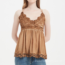 Hight Quality Smocking Back Camisole With Flared Bottom Elegant Lace Top Hem Criss Cross Sling